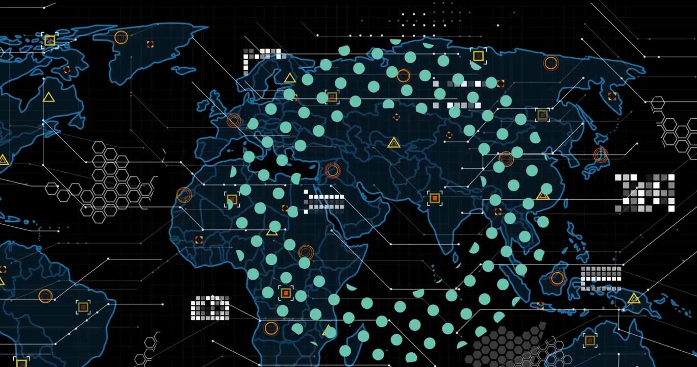 Animation shows a tech brain scan and kaleidoscopic visuals for global finance.