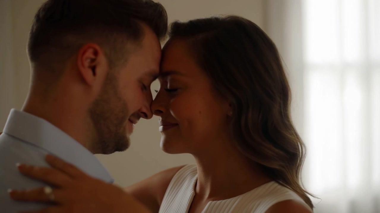 Close-up couple holding forehead to forehead with relaxed expressions, closed eyes, and soft smiles, creating peaceful intimate mood inside softly lit interior with warm natural background