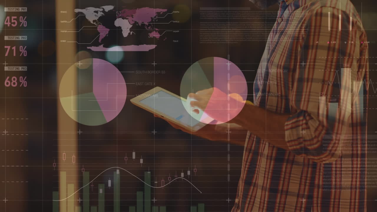 animación de procesamiento de datos estadísticos contra hombre caucásico usando tableta digital en la oficina.