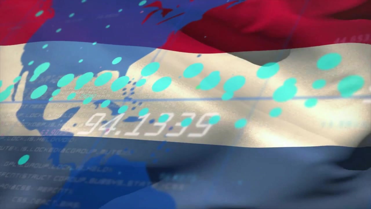 Animatie van financiële gegevensverwerking en wereldkaart over de Nederlandse vlag