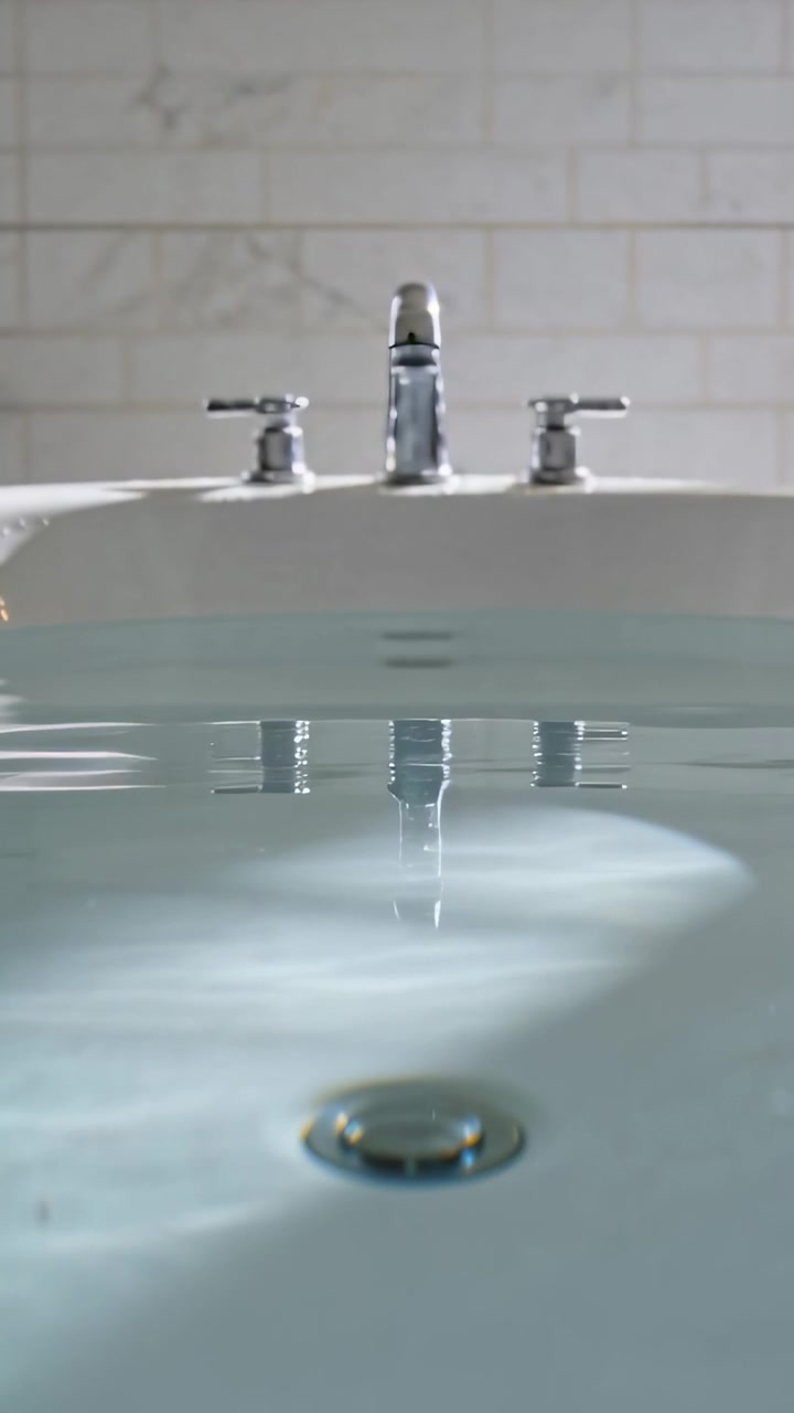 Video verticale: Rubinetto cromato che gocciola reagendo all'increspatura nell'acqua increspata della vasca vicino allo scarico