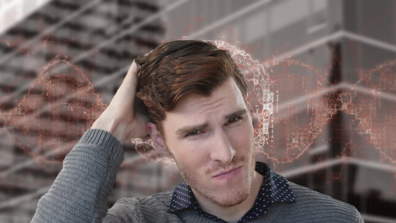 백인 사업가의 애니메이션이 인간의 뇌와 dna 줄을  ⁇ 고 있습니다.