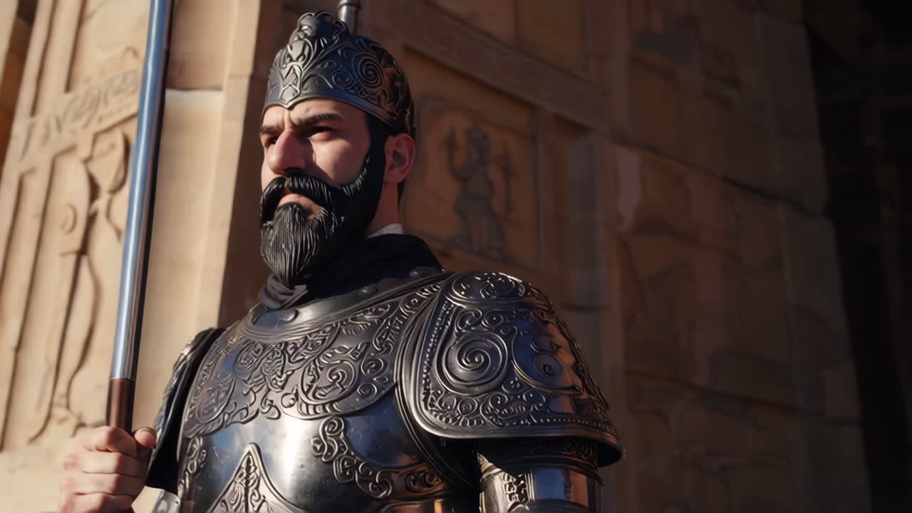 Ancient Warriors in Armor Guarding an Entrance