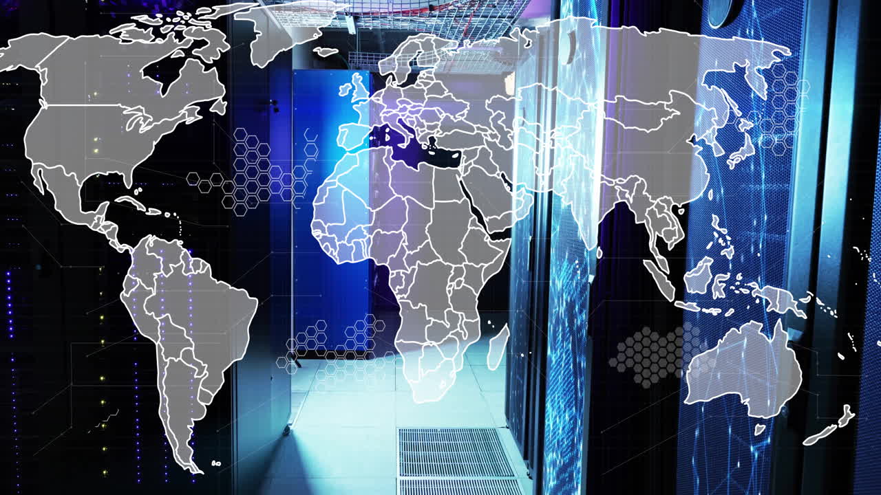 World map animation over data center servers and networking equipment