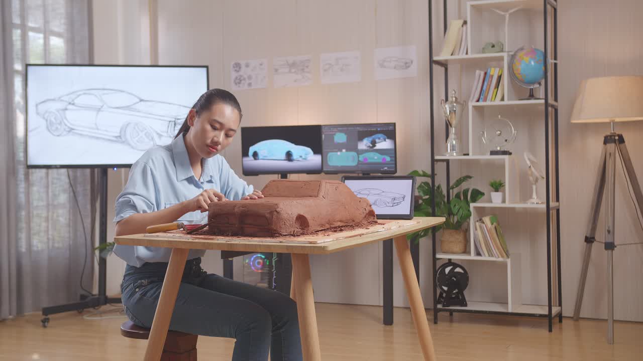아시아 여성 자동차 디자이너가 스튜디오에서 자동차 점토 조각을 작업하는 동안 태블릿에서 사진을 보고 있습니다.