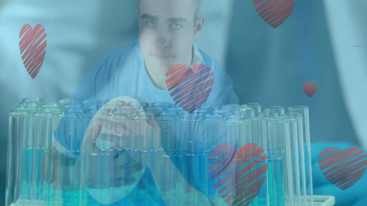 피 ⁇ 을 가진 백인 과학자 위에 심장 아이콘의 애니메이션