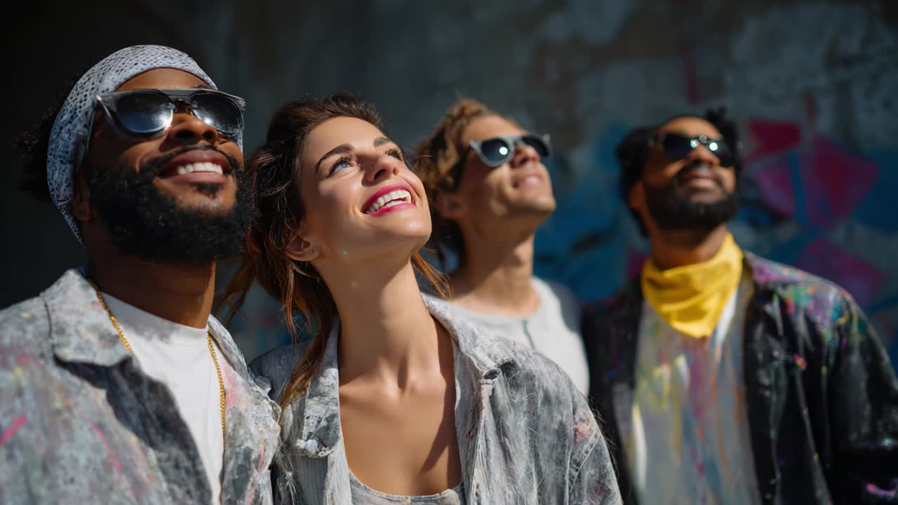 Gruppo di persone diverse che sorridono e guardano in alto