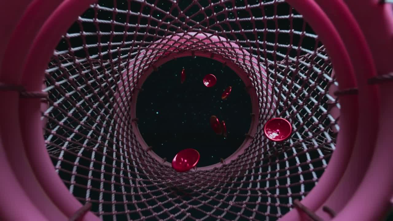 Drifting glossy red droplets moving through meshed pink rings toward star aperture with more coming