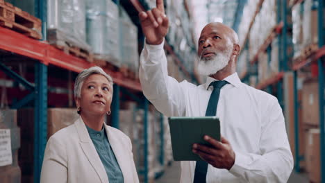 businesspeople inspecting warehouse inventory