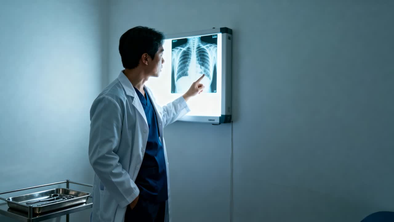 Asian male doctor in labcoat scrubs in clinic examining glowing lightbox, pointing and tracing lung