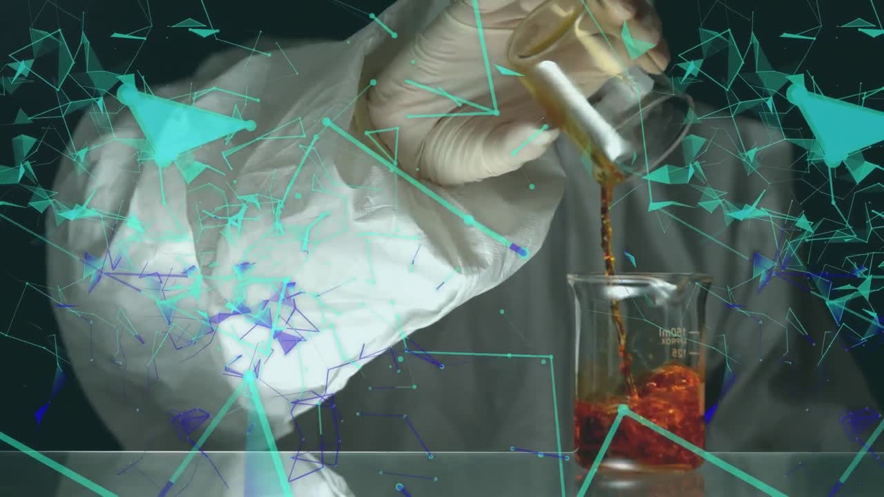 연결의 애니메이션과 데이터 처리가 컵을 가진 과학자