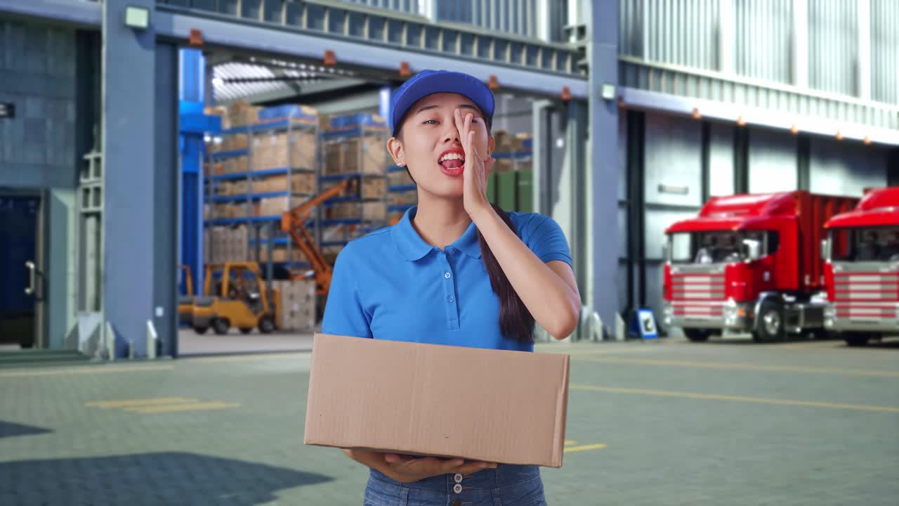 Entregadora asiática vestindo uniforme azul, sorrindo e falando com a câmera enquanto entrega uma caixa de papelão do lado de fora do armazém