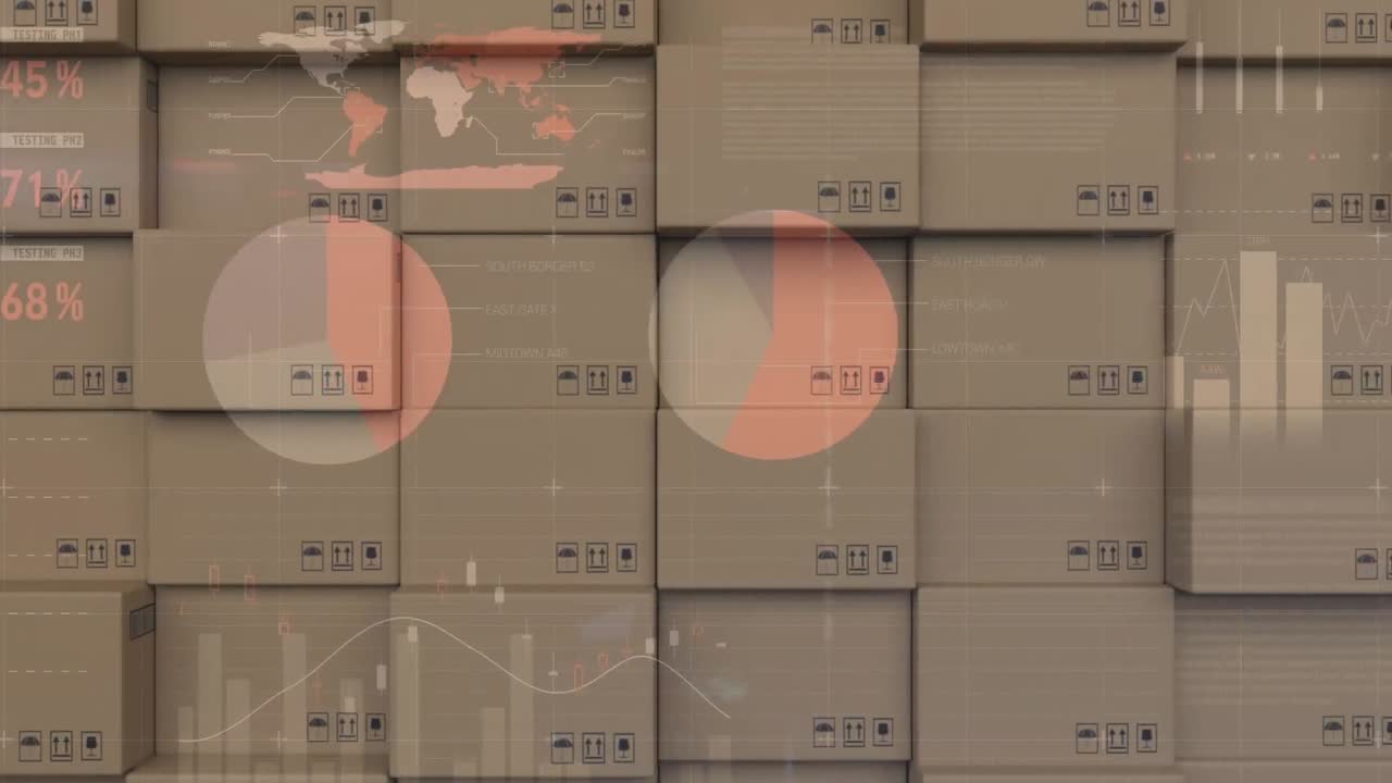 카드보드 상자  ⁇ 어리 위에서 금융 데이터 처리의 애니메이션