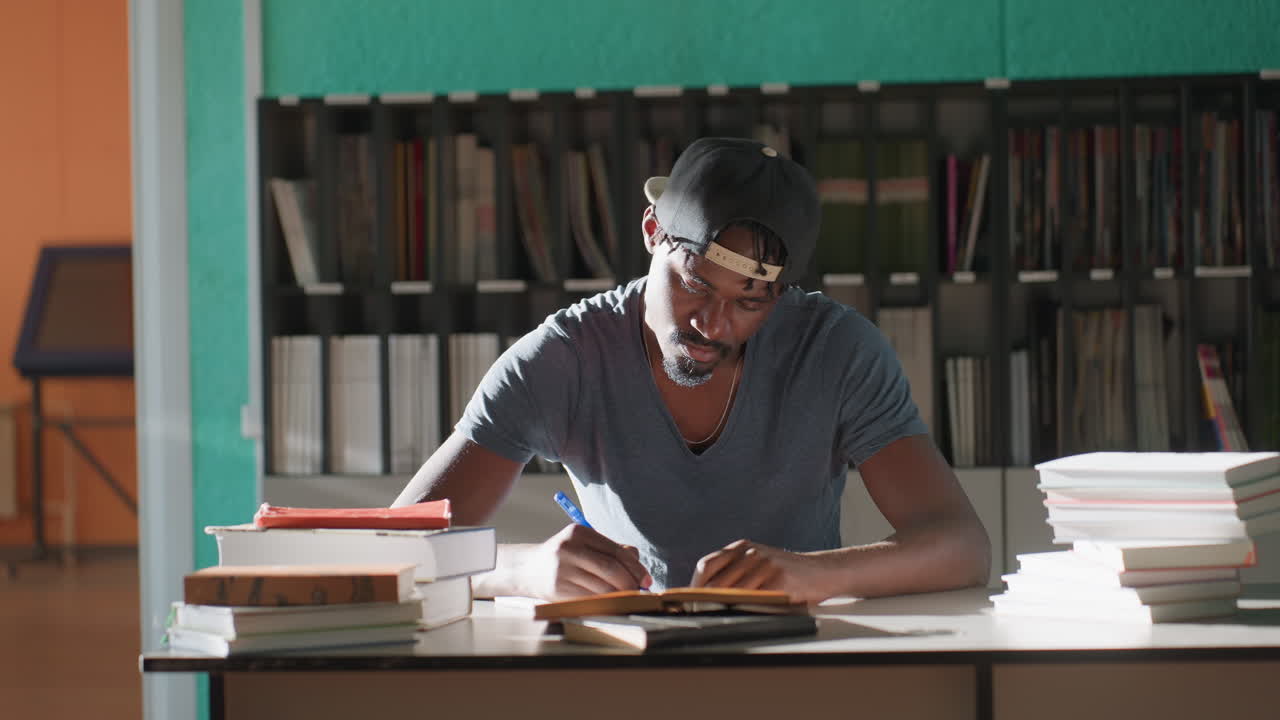 Focused student wearing cap sits at library table surrounded by stacks of books, writing in notebook with pen, teal and orange walls and shelves behind