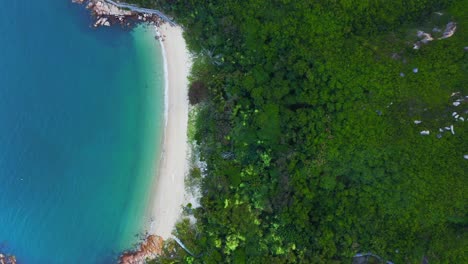 drone shot traveling to the right above a little tropical bay with a beach and a hill full of tropical vegetation during the day