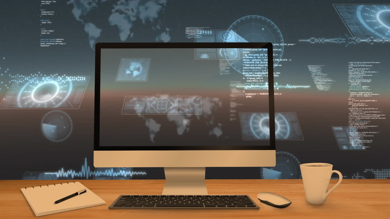 컴퓨터 화면을 통해 스캔 및 데이터 처리 스 ⁇ 의 애니메이션