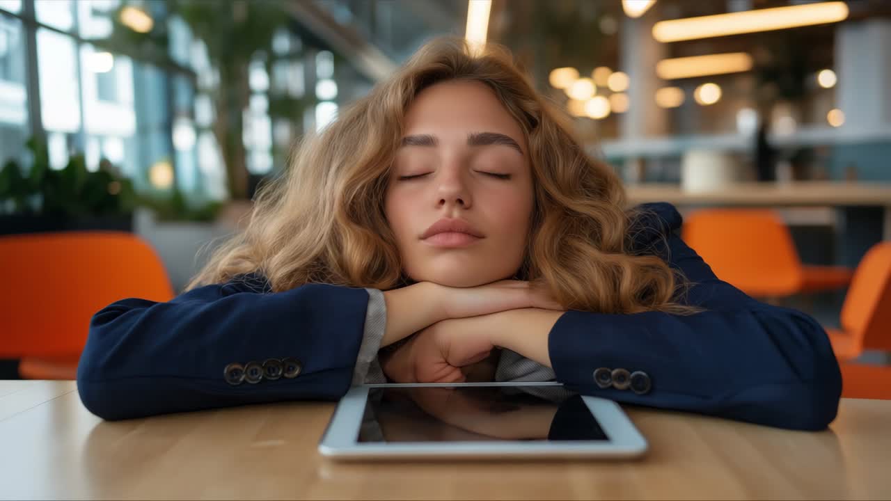 Donna che dorme su un tavolo in ufficio