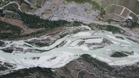 famous-river-"rhone"-in-the-valley-of-Valais-in-south-of-Switzerland,-4k-drone-shot-from-above