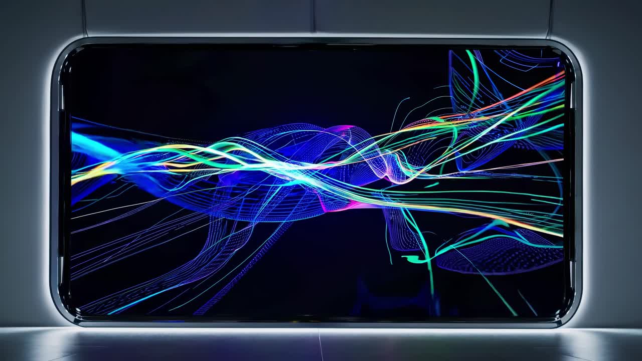 Large, rectangular screen mounted on a wall displays dynamic, flowing lines of vibrant blue and green light, radiating energy and technological innovation against a dark background