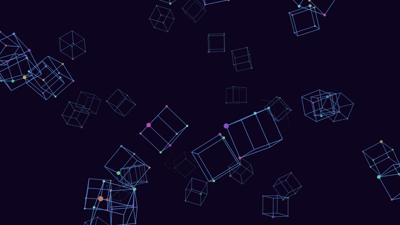 Dynamic footage of glowing wireframe cubes rotating in 3D space with colorful data points on a dark background, ideal for technology, blockchain, big data and digital network concepts