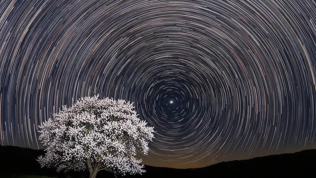 A Stunning Time-Lapse of a Blossom Tree Under a Starry Night Sky, Showing the Rotation of Stars and Cosmic Beauty in an Ethereal Landscape