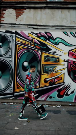 stylish man walking by a graffiti wall with boombox design