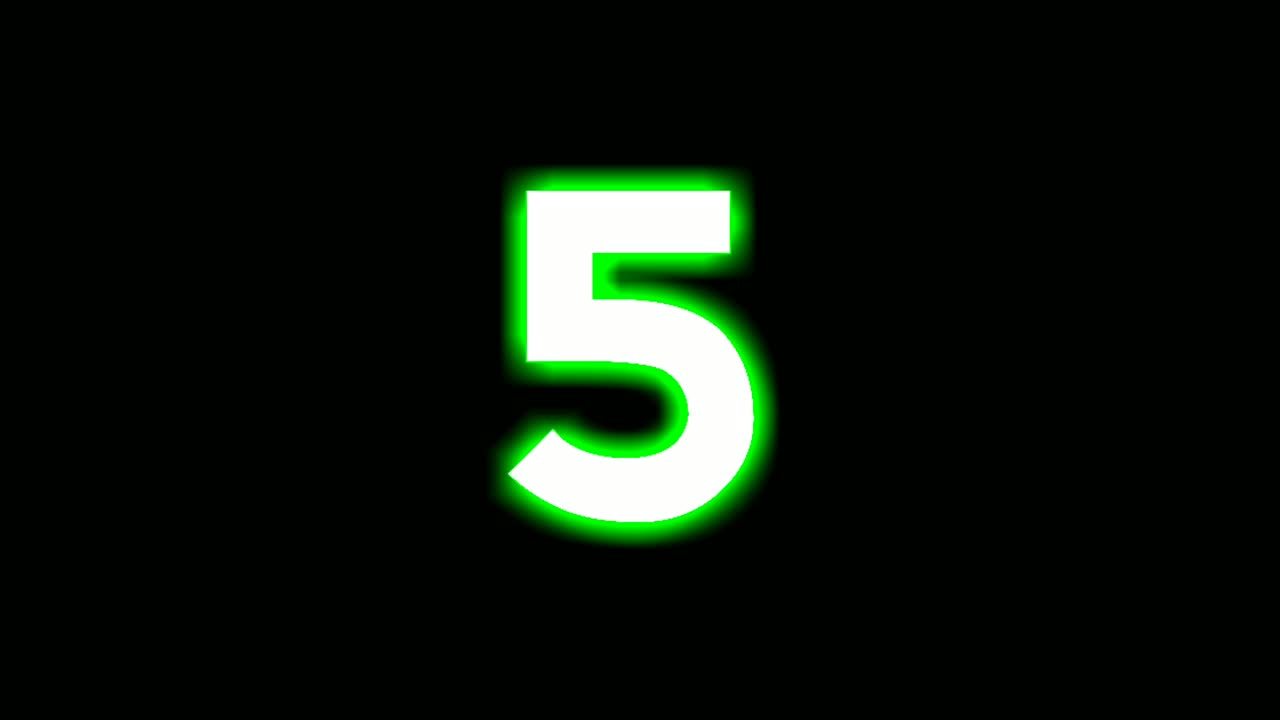 Neon number 5 five sign symbol modern animation motion graphics flicking on black background,green color glowing and shining for video elements