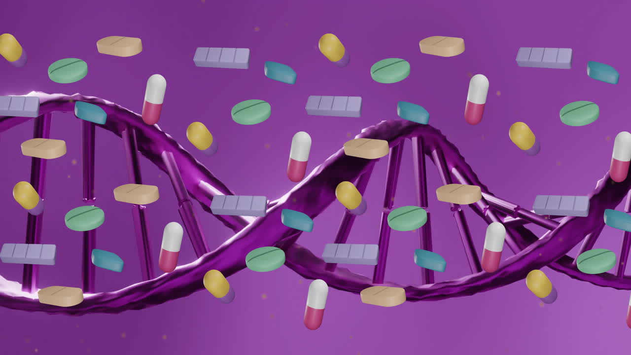 Animation of pills medication over dna strand spinning