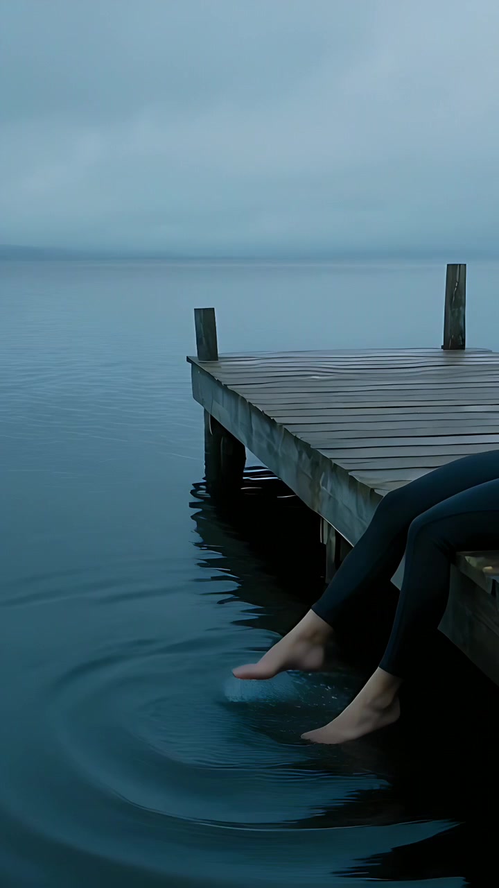 Vertikales Video: Eine Person in Hose taucht am Steg die Füße ins Wasser, nachdem sie schwebend Wellen erzeugt hat, mit Platz für Text.