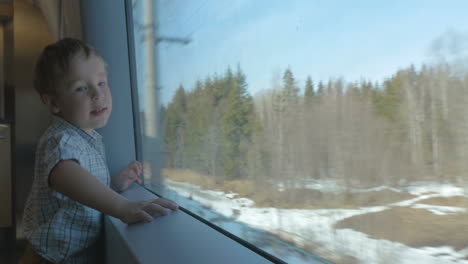 boy looking at nature scene through the train window