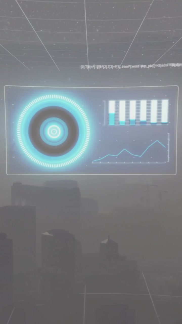Animation of data processing over screen and cityscape