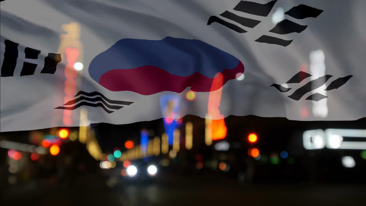 South Korean flag animation over blurred city lights at night