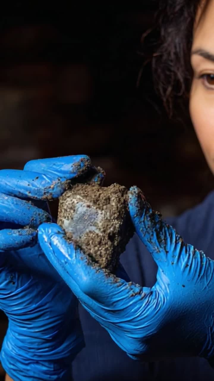 Un individuo con guanti blu esamina attentamente un campione di roccia texturizzata, mettendone in mostra le caratteristiche uniche durante un'osservazione e un'analisi scientifica.