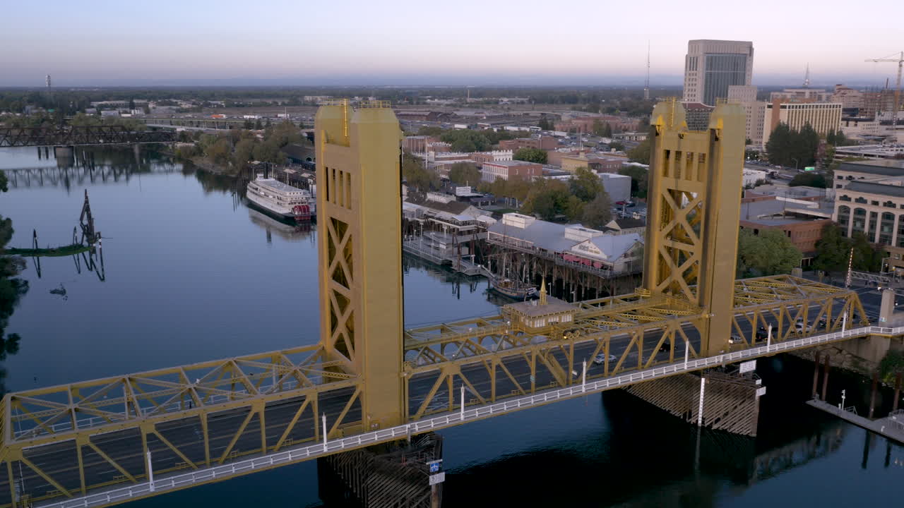 Aerial View of Sacramento's Tower Bridge and Riverfront Cityscape