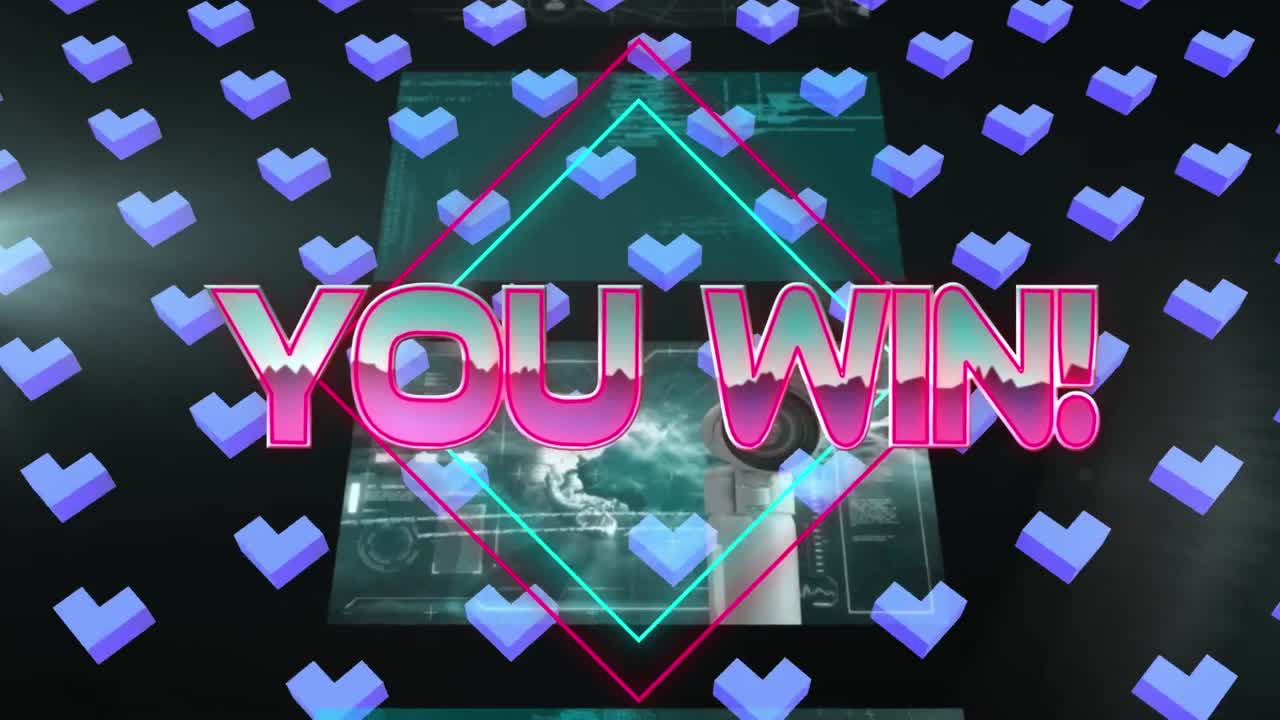 네온 사각형, 3d 심장 및 검은색 배경에 데이터가 있는 화면을 이기는 애니메이션