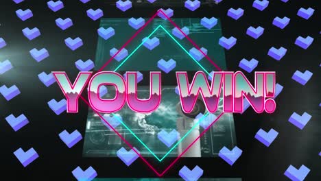 Animation-of-you-win-over-neon-squares,-3d-hearts-and-screens-with-data-on-black-background