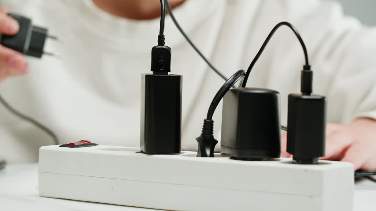 White power strip with many various of cords and cables in close-up. An extension cord with many power sockets. Adapter with phone, headphones, usb connectors.Tangled wires on table. Trying to untangle many messy cables.
