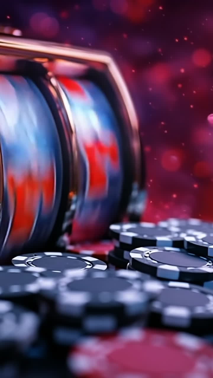 Colorful slot machine reels and chips. Bright slot machine reels spin amid scattered poker chips in an exciting casino atmosphere filled with anticipation.