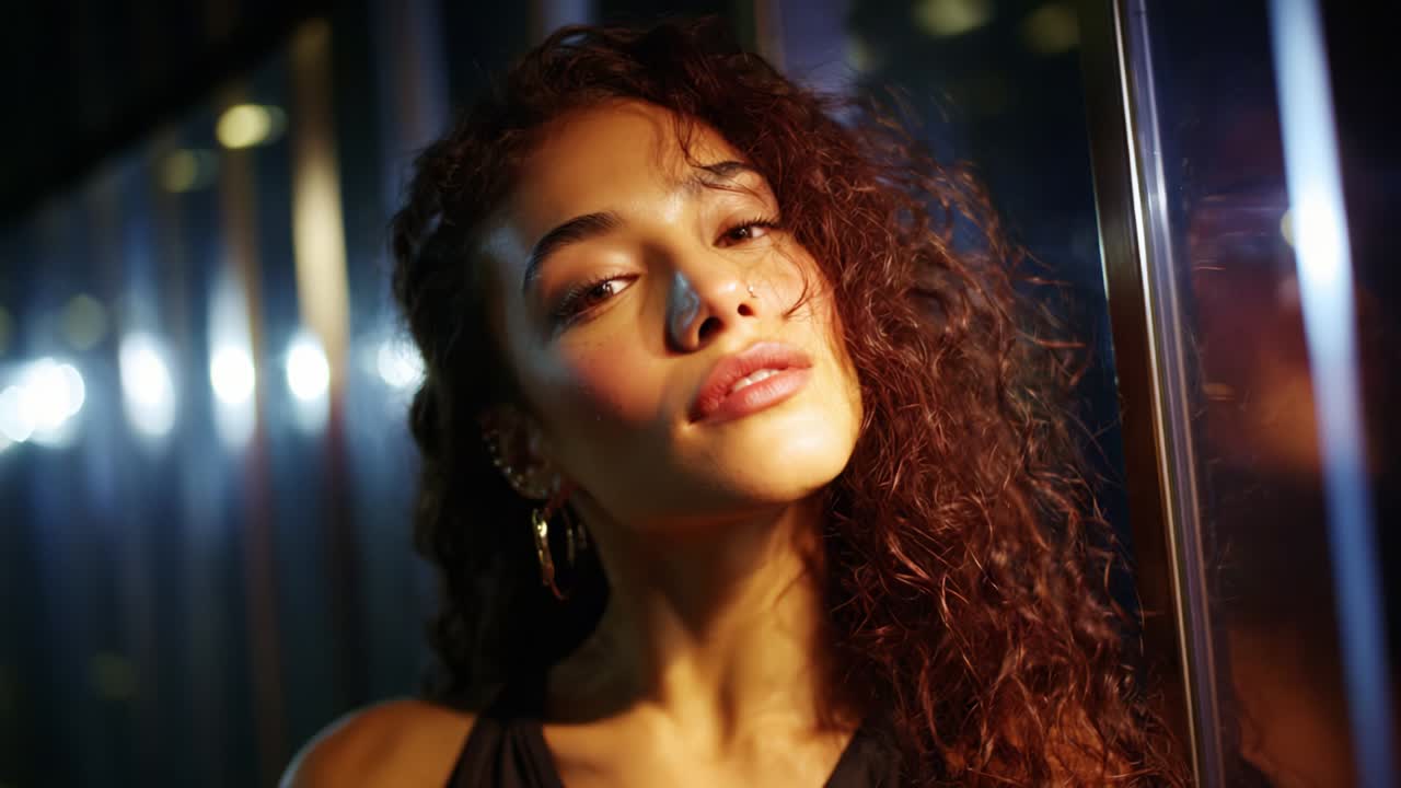 Captivating Portrait of a Young Woman with Beautiful Curly Hair in a Dimly Lit Environment, Exuding Confidence and Charm as She Poses Elegantly Against a Reflective Backdrop While Displaying Her Unforgettable Expression
