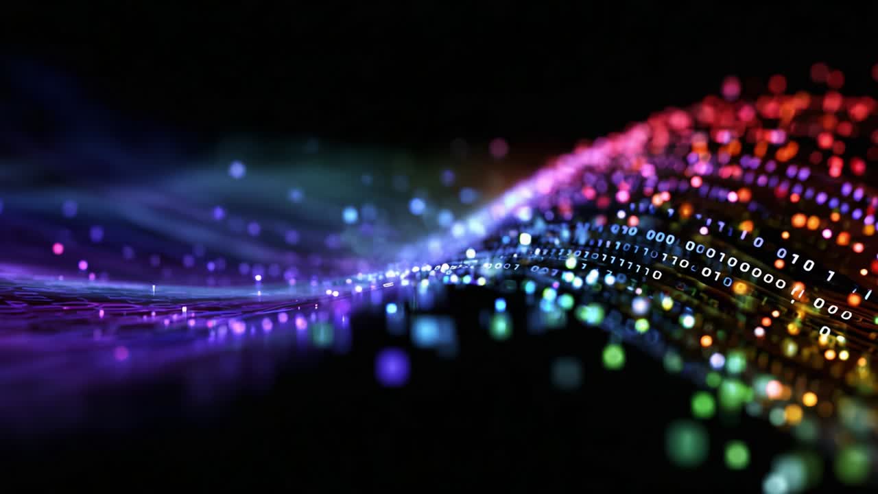 A mesmerizing visual representation of digital concepts, showcasing waves of vibrant light and binary code that symbolize the endless possibilities within data and technology, illustrating innovation and creativity