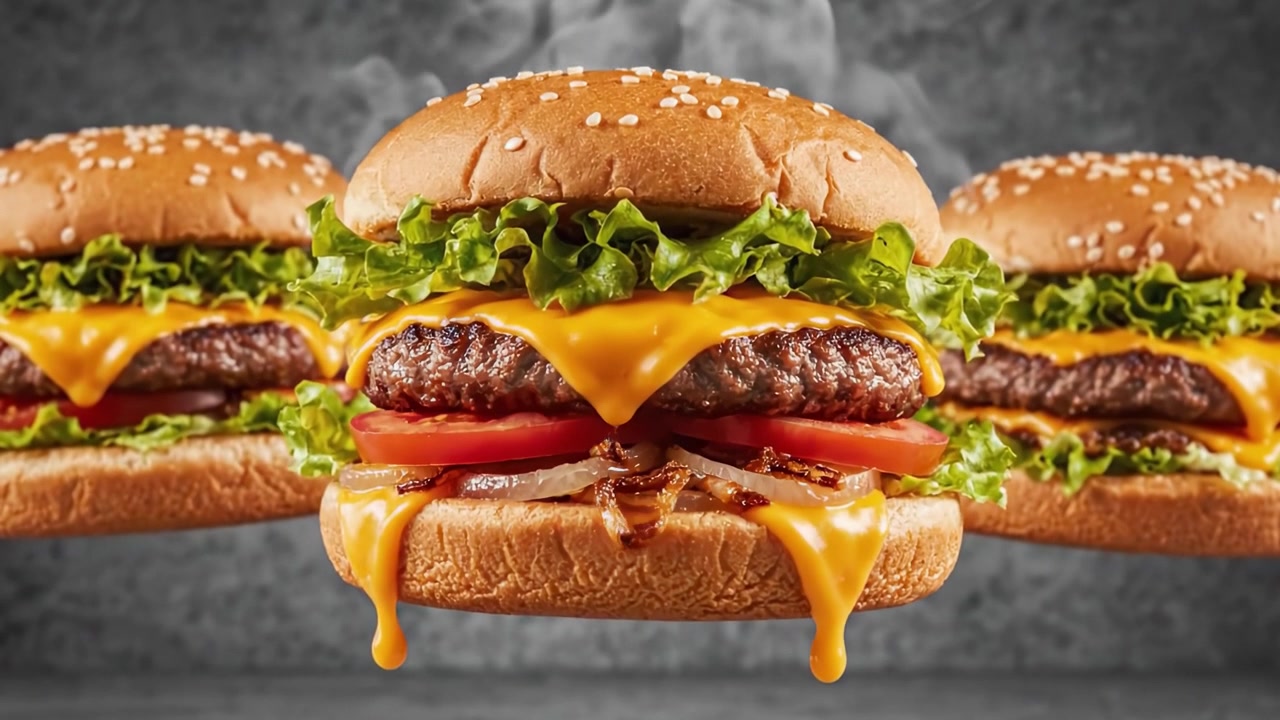 Hamburger deliziosamente succosi con formaggio fuso, lattuga fresca e pomodori, serviti in un panino perfettamente tostato, che catturano l'essenza dell'esperienza gourmet del fast food.