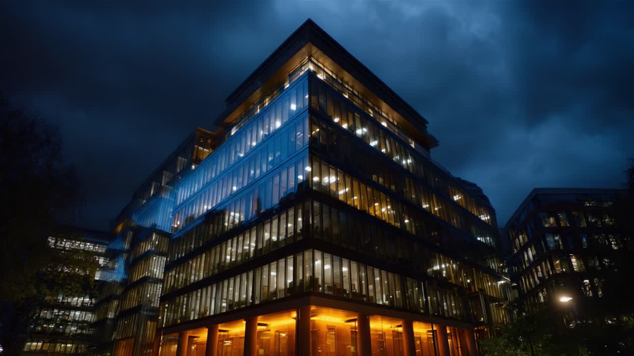 Moderno edificio per uffici illuminato di notte sotto un cielo nuvoloso spettacolare con finestre luminose che creano un'atmosfera urbana suggestiva per l'architettura contemporanea