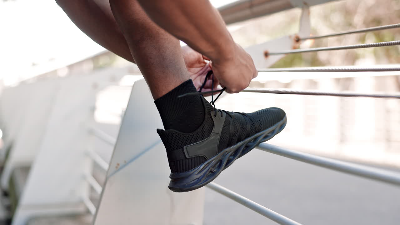 Hands, shoe and tying shoelace for running