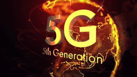 5g 5th generation text animation over glowing digital world map