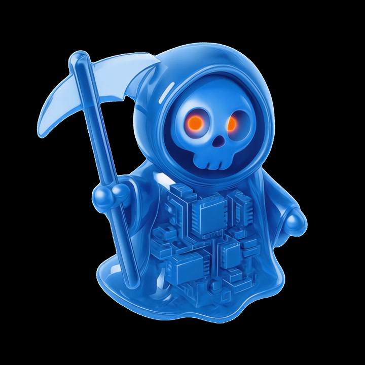 Modrá robotická figurka Smrtky se zářícíma očima