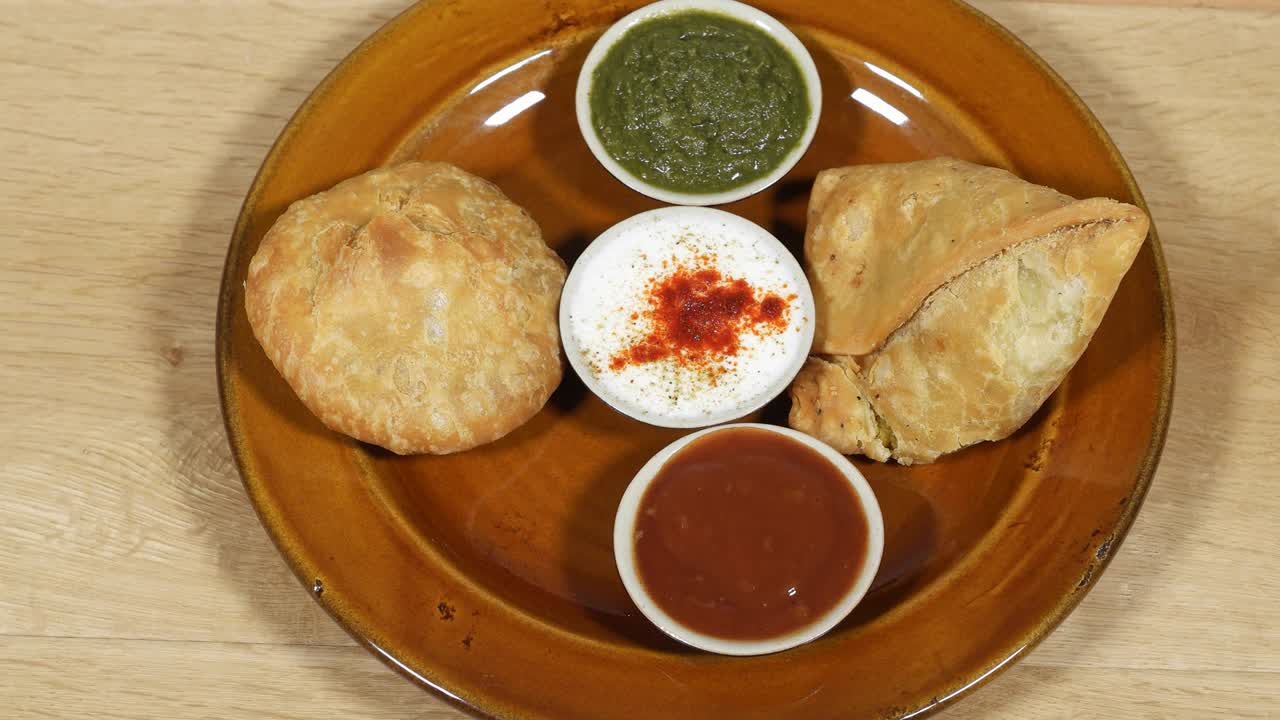 Samosa and kachori being served with condiments, top-shot