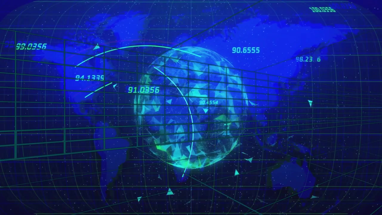 Interface opening data labels, grid appearing as arcs sweeping around rotating globe showing stats