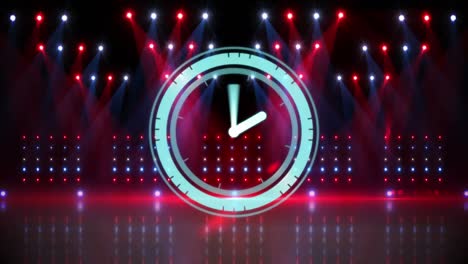 Animation-of-scanner-with-clock-face-processing-over-empty-venue-stage-with-red-and-blue-spotlights