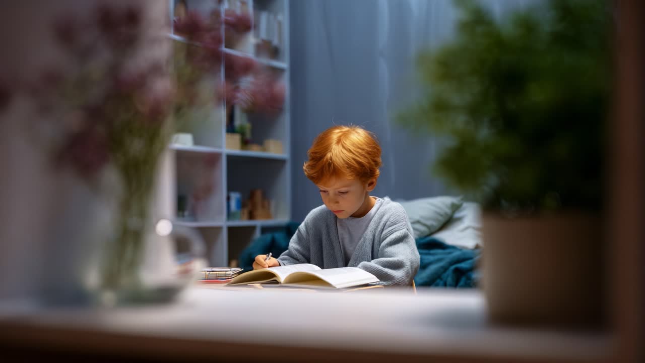 Young child focused on reading an open book in a cozy, softly lit room, surrounded by plants and a serene atmosphere, fostering a love for literature and learning