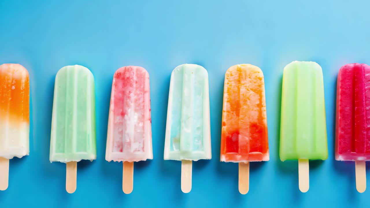 Colorful popsicles lined up against vibrant blue background, showcasing summery frozen treats with playful, refreshing appeal and cool visual design